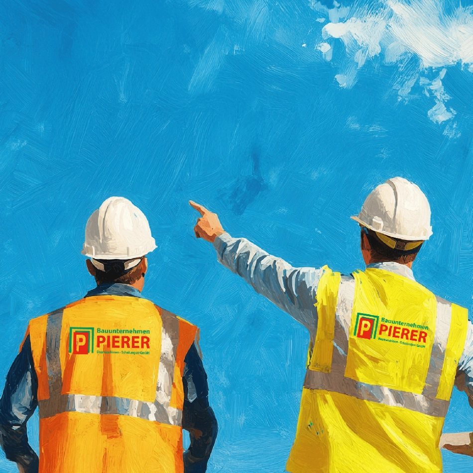 Zwei Bauarbeiter in Pierer Warnweste mit weißem Bauhelm; der Mann rechts zeigt in den Himmel; gemalter Stil